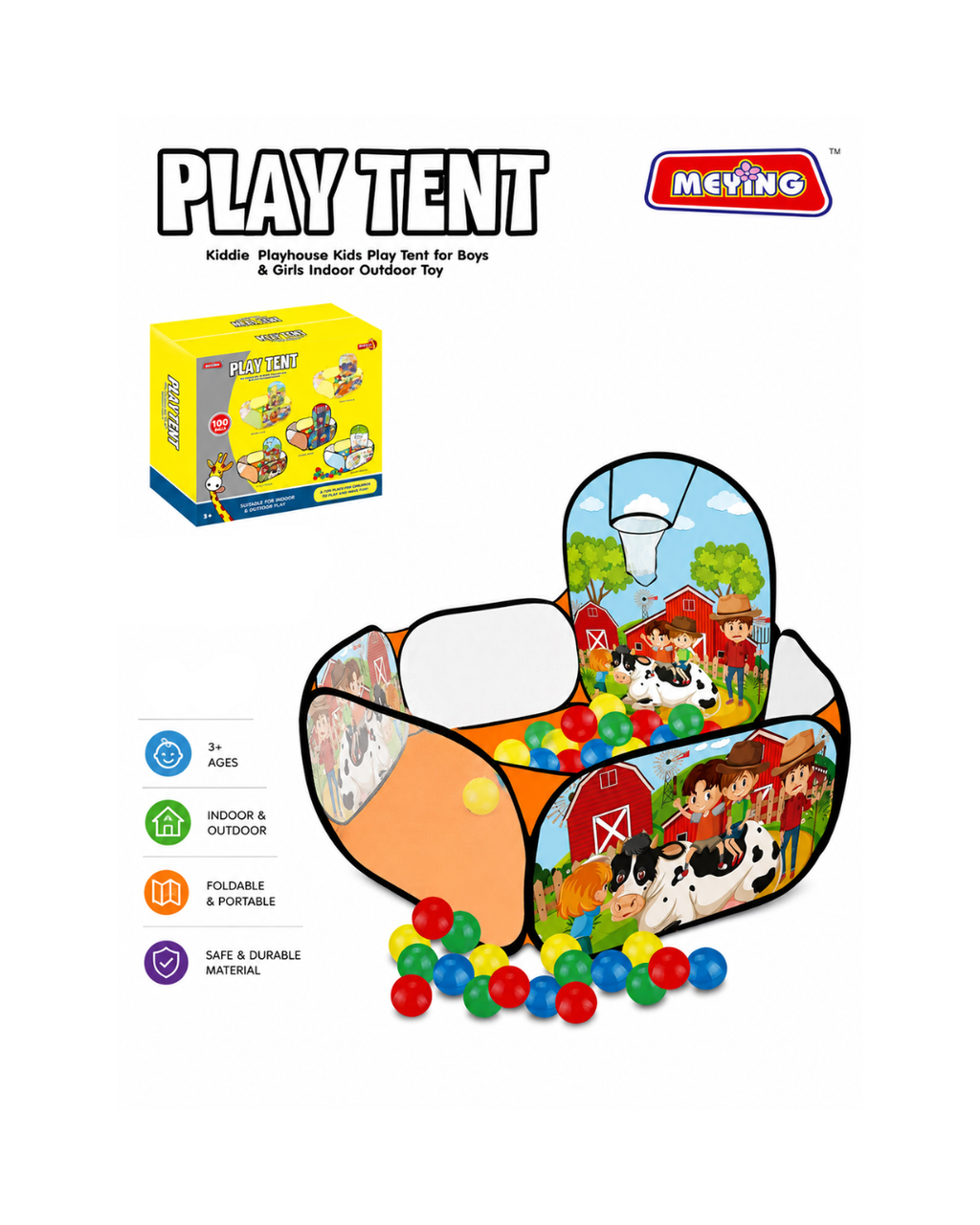Kids Farm Theme Play Tent with 100 Balls