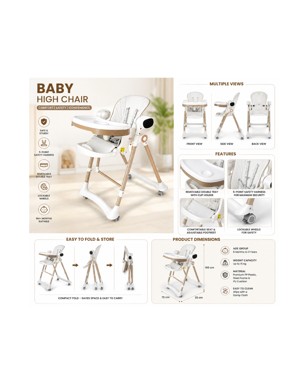 Premium Foldable Baby High Chair with Adjustable Recline