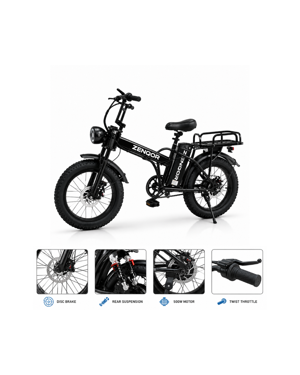 Zenqor 500W Electric Fat Tire Bike – 48V 15Ah Lithium Battery