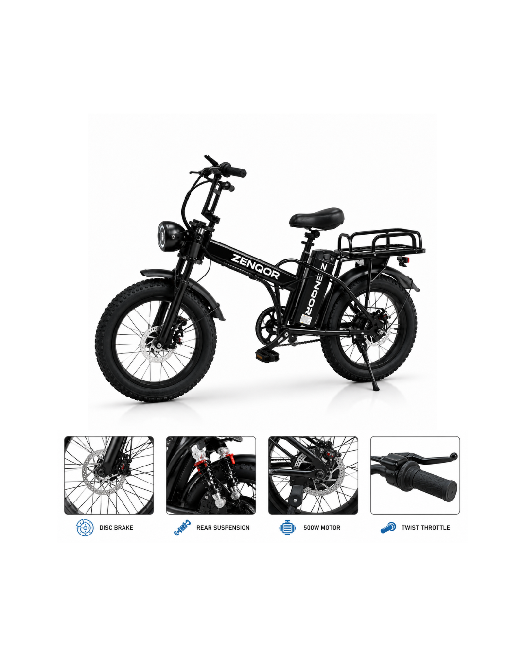 Zenqor 500W Electric Fat Tire Bike – 48V 15Ah Lithium Battery