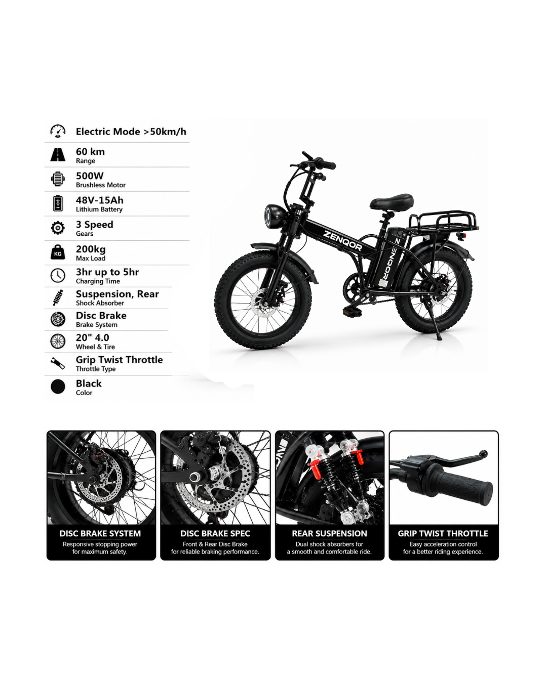 Zenqor 500W Electric Fat Tire Bike – 48V 15Ah Lithium Battery