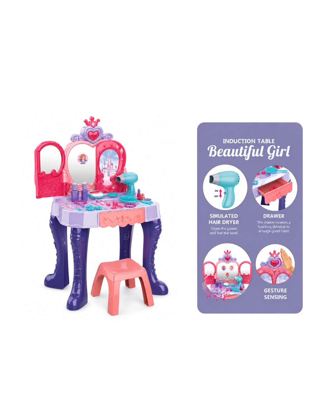 Beautiful Girl Induction Vanity Table Set – Light, Sound & Hair Dryer Toy