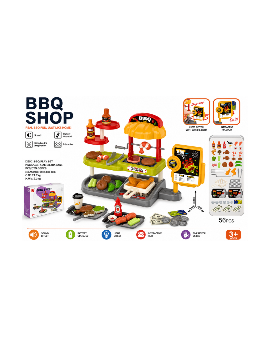Kids BBQ Shop Play Set – 56 Pieces Interactive Kitchen Toy