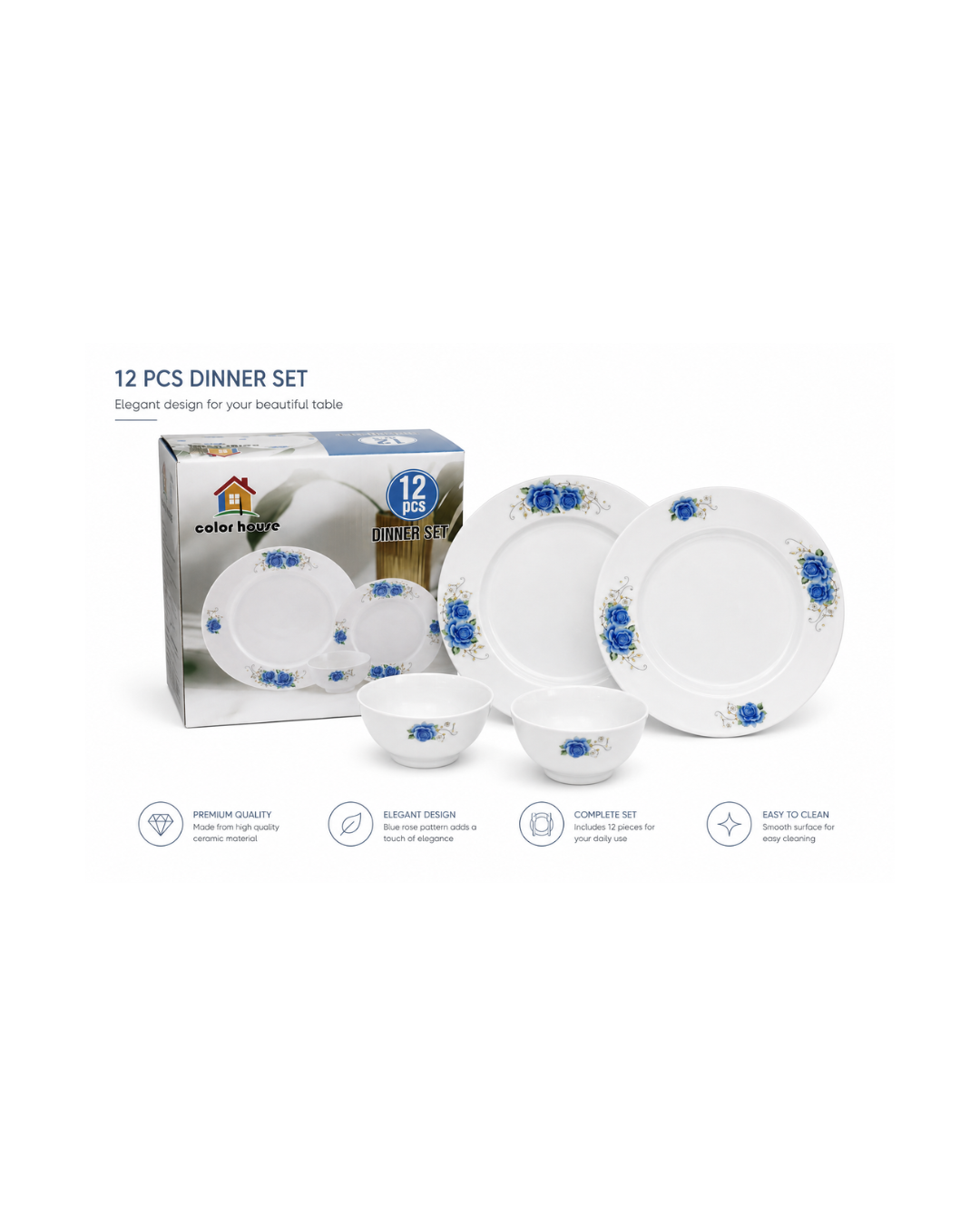 12 PCS Ceramic Dinner Set – Blue Floral Design