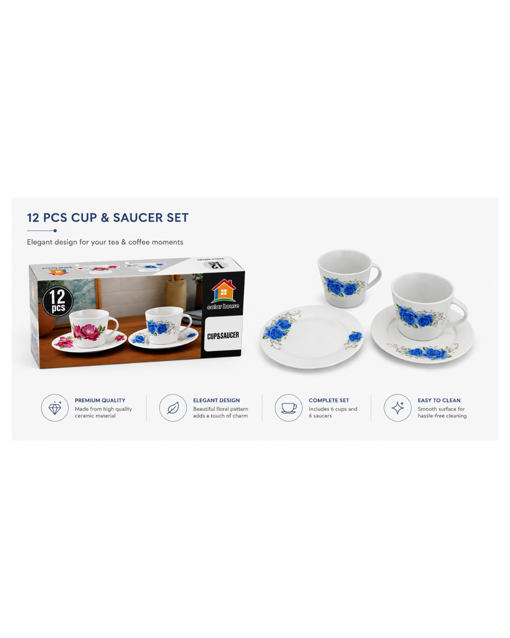 12 PCS Ceramic Cup & Saucer Set – Blue Floral Design