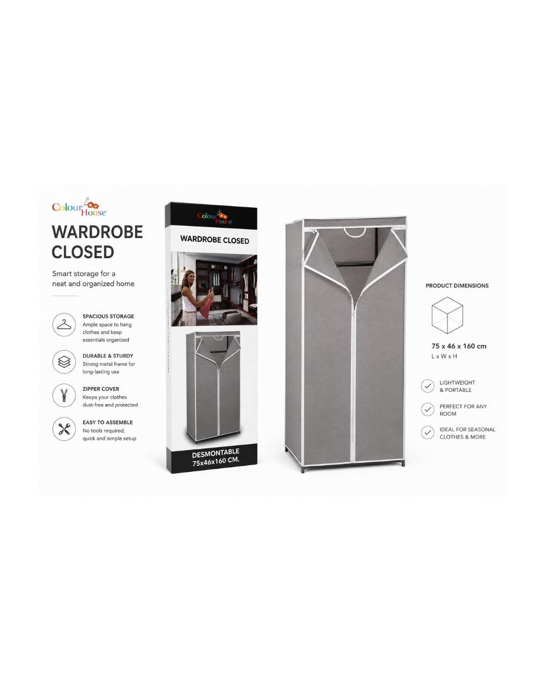 Portable Fabric Wardrobe Closet – Grey Storage Organizer (75×46×160 cm)
