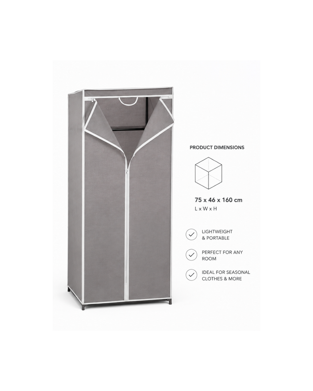 Portable Fabric Wardrobe Closet – Grey Storage Organizer (75×46×160 cm)