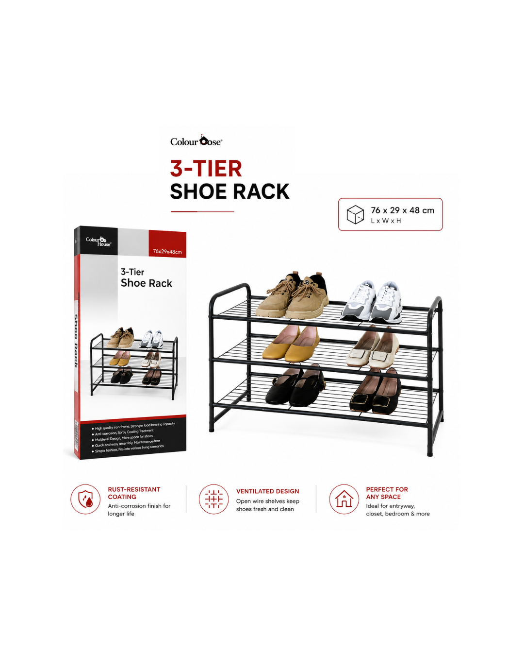 3-Tier Metal Shoe Rack Organizer – Black (76×29×48 cm)