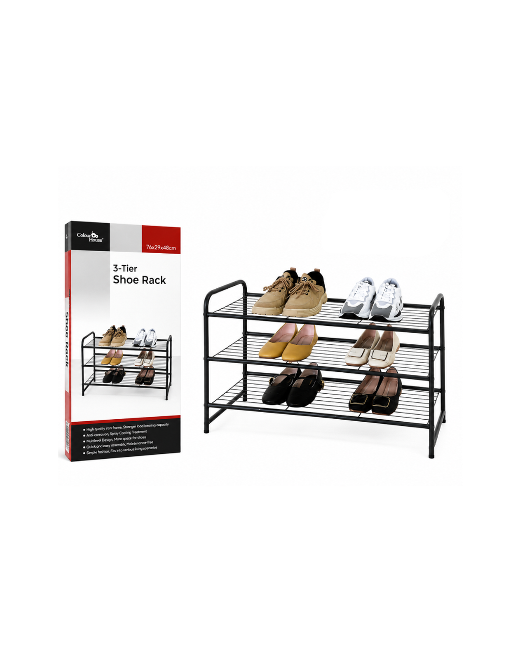 3-Tier Metal Shoe Rack Organizer – Black (76×29×48 cm)