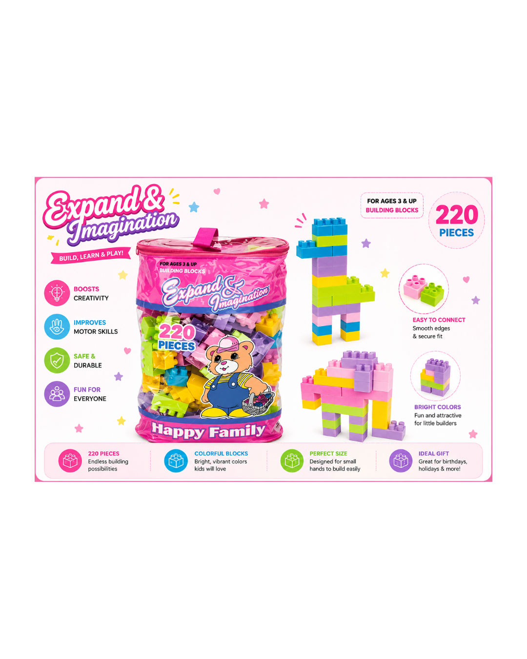 220 Pieces Building Blocks Set – Happy Family Creative Construction Blocks