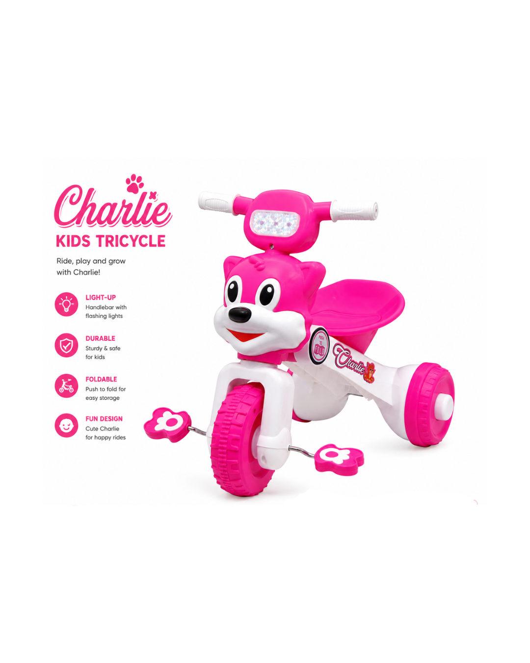 Charlie Kids Foldable Tricycle with Light-Up Handlebar