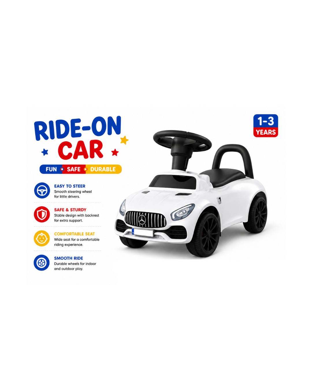 Kids Ride-On Push Car with Steering Wheel & Back Support