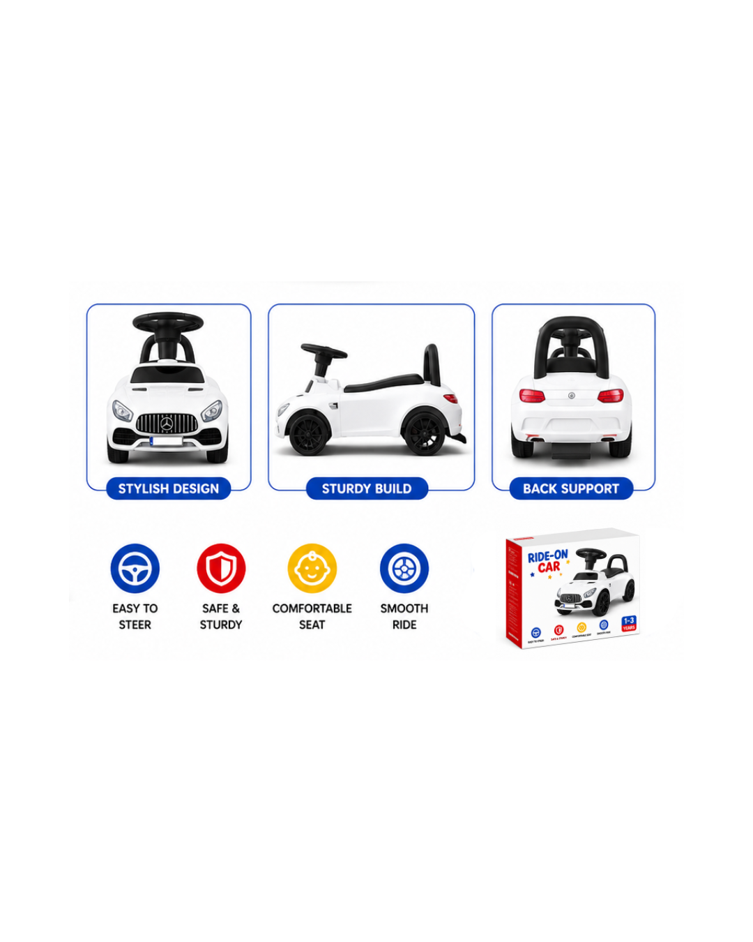 Kids Ride-On Push Car with Steering Wheel & Back Support