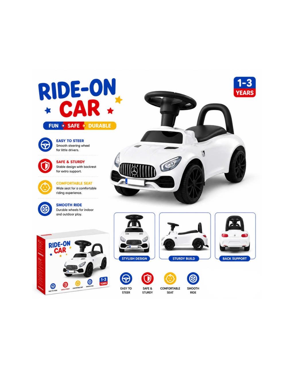 Kids Ride-On Push Car with Steering Wheel & Back Support