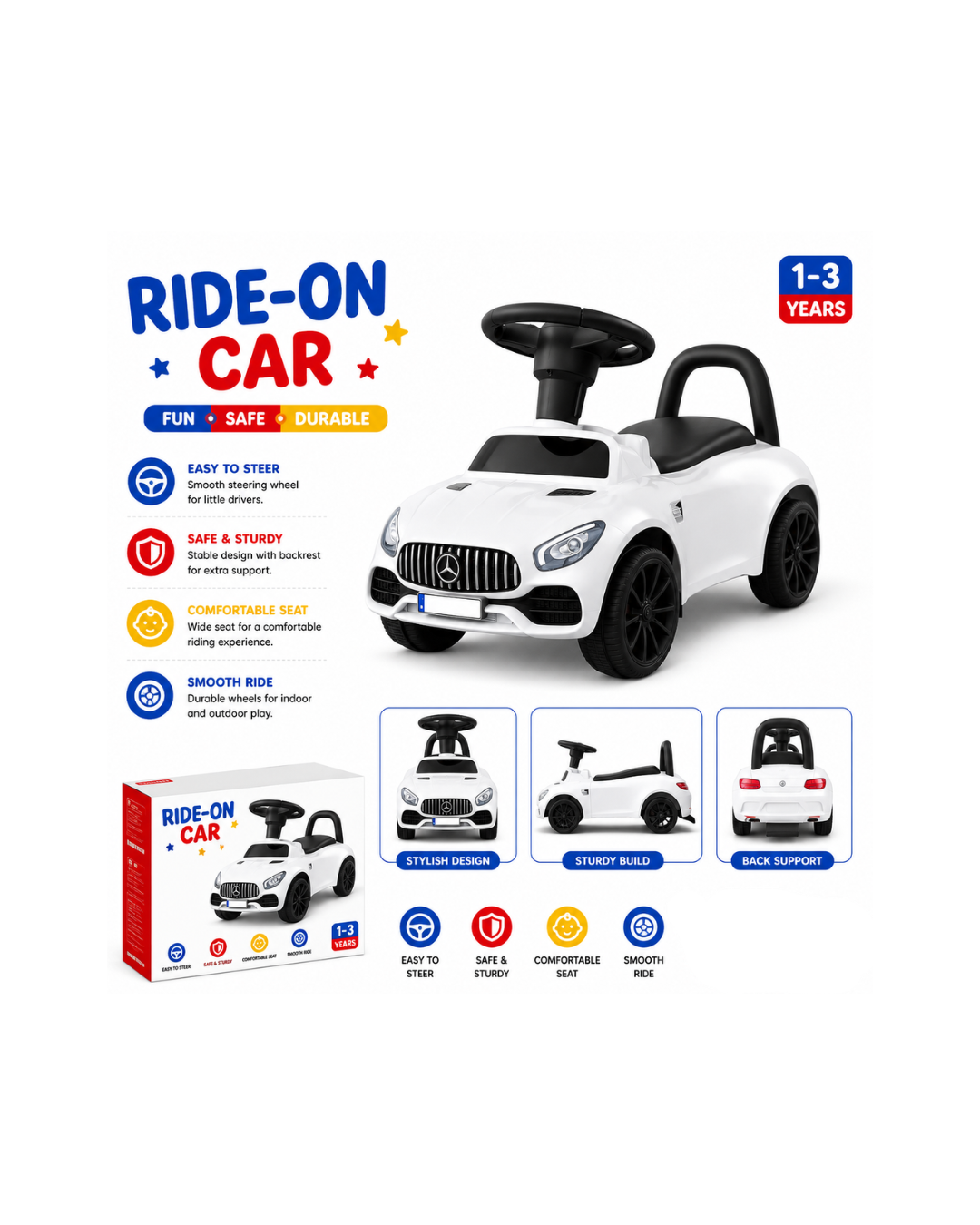 Kids Ride-On Push Car with Steering Wheel & Back Support