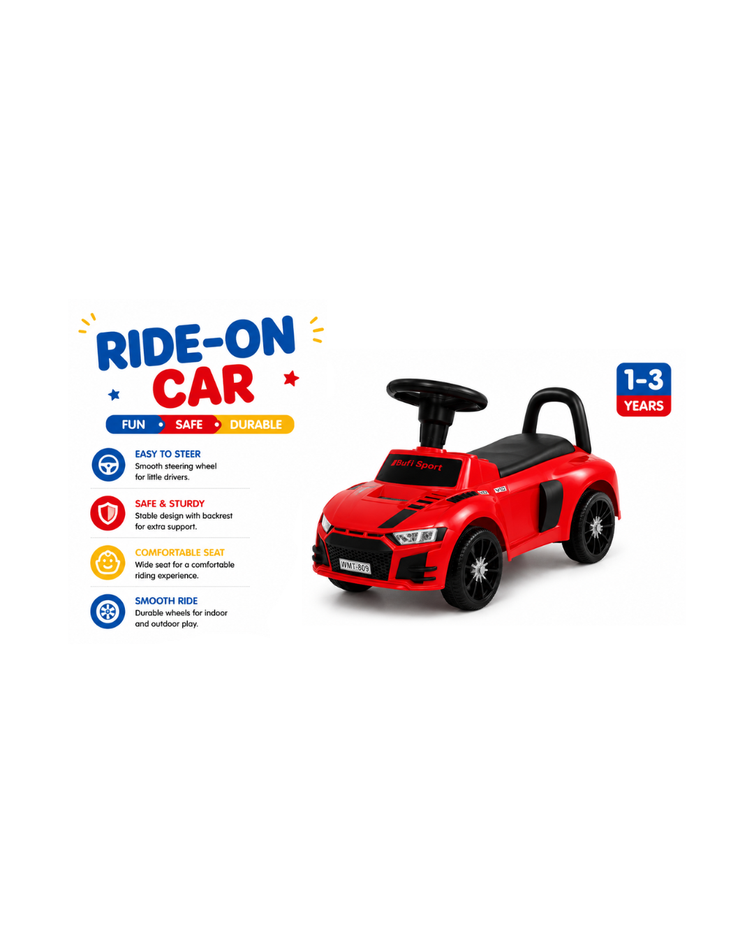 Kids Ride-On Push Sports Car with Steering Wheel & Back Support