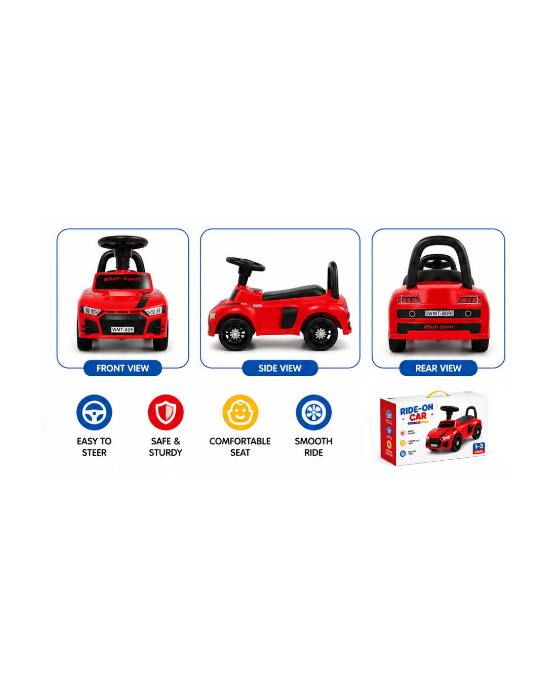Kids Ride-On Push Sports Car with Steering Wheel & Back Support