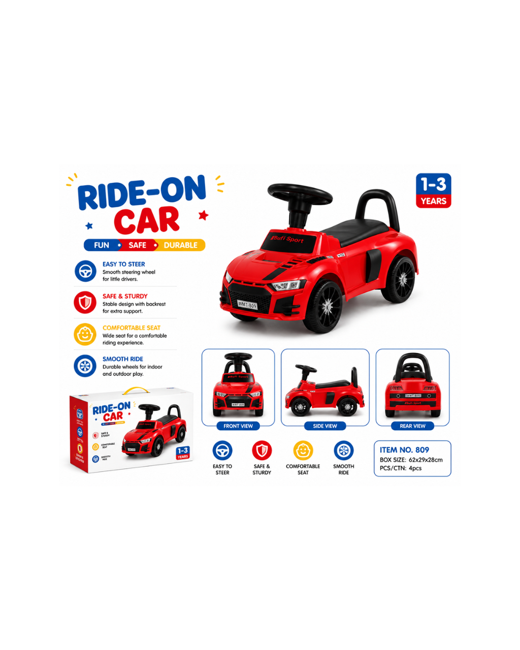 Kids Ride-On Push Sports Car with Steering Wheel & Back Support