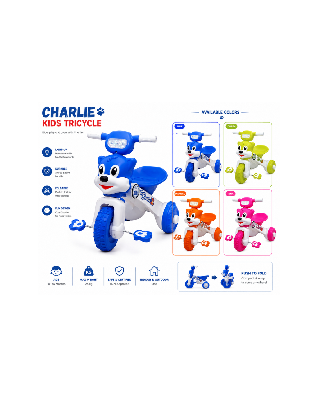Charlie Kids Foldable Tricycle with Light-Up Handlebar