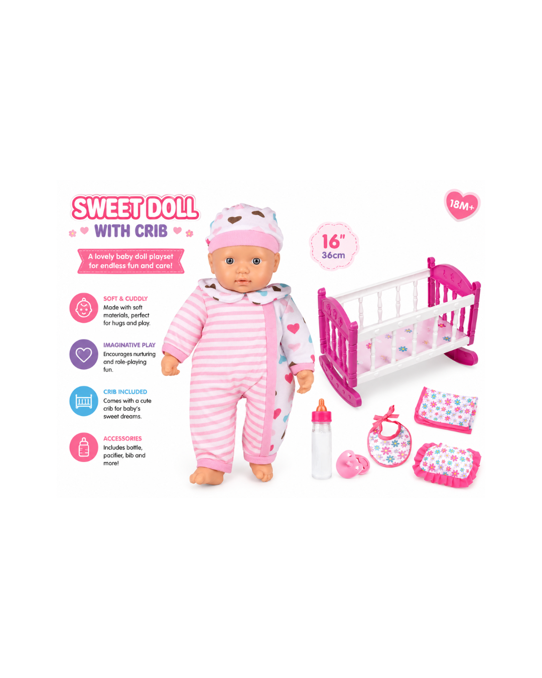 Sweet Baby Doll with Crib & Accessories – 16” Doll Set