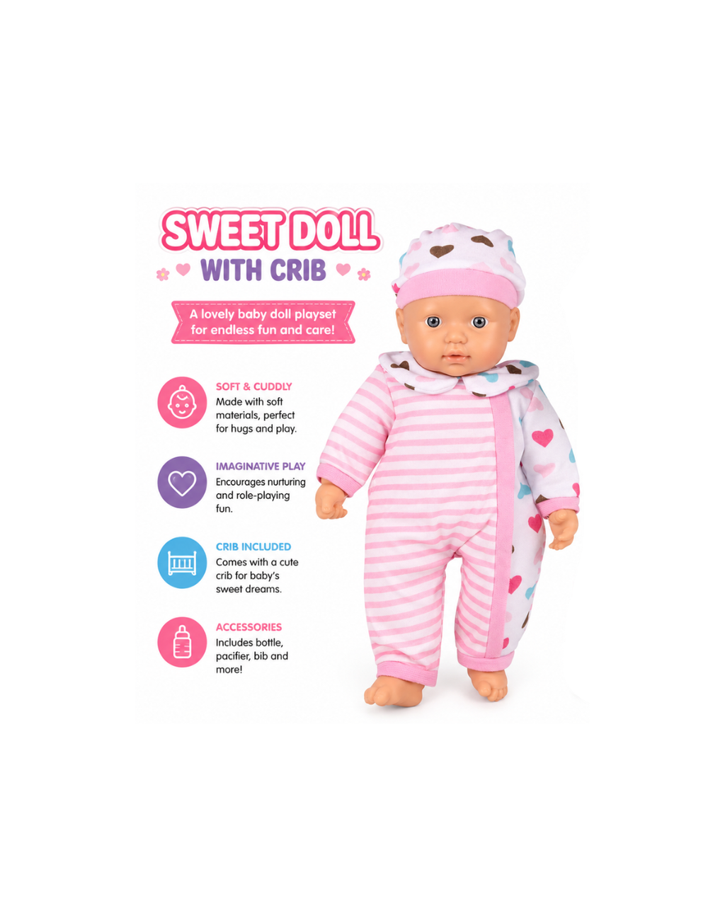 Sweet Baby Doll with Crib & Accessories – 16” Doll Set