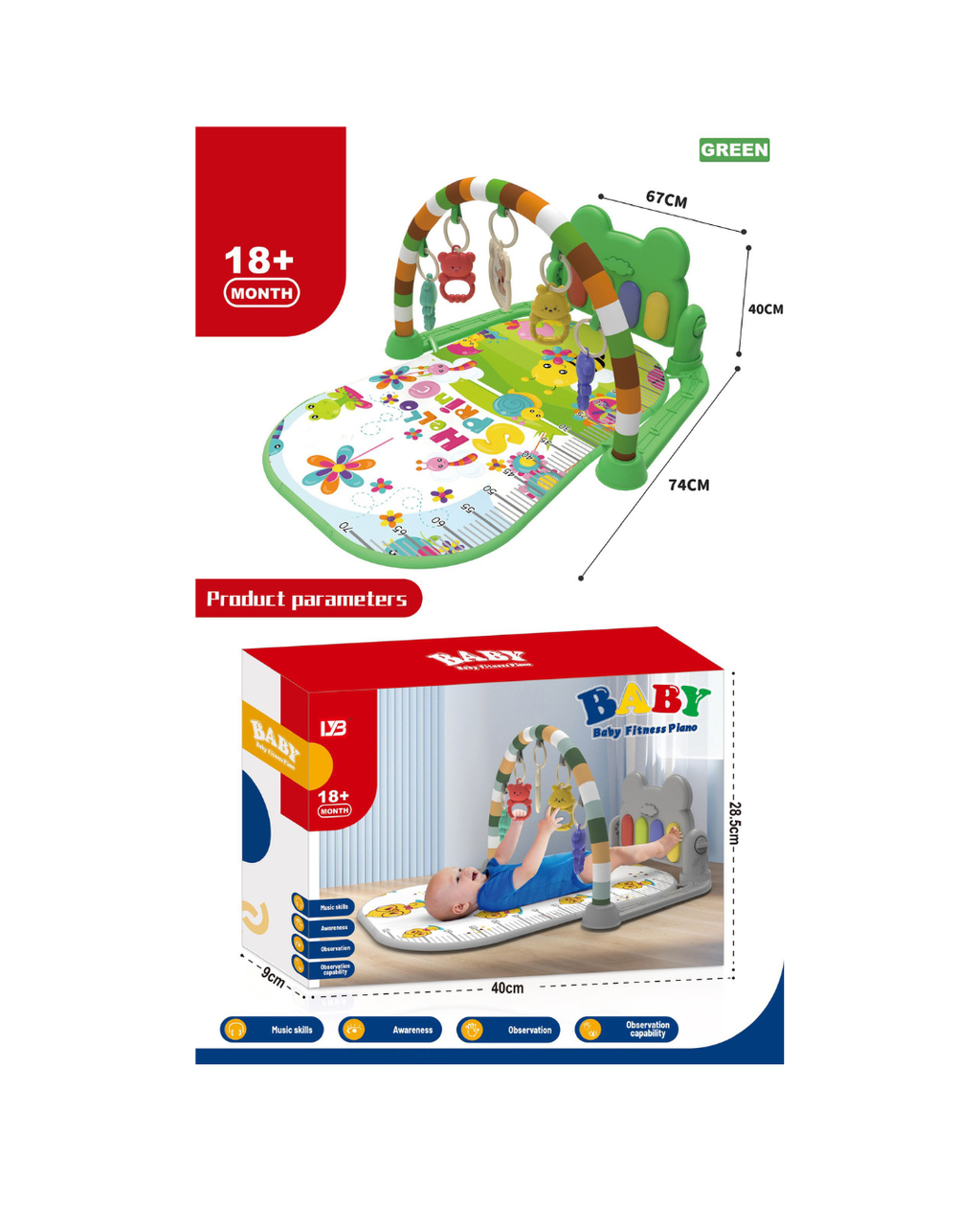 Baby Fitness Piano Play Mat with Hanging Toys & Music