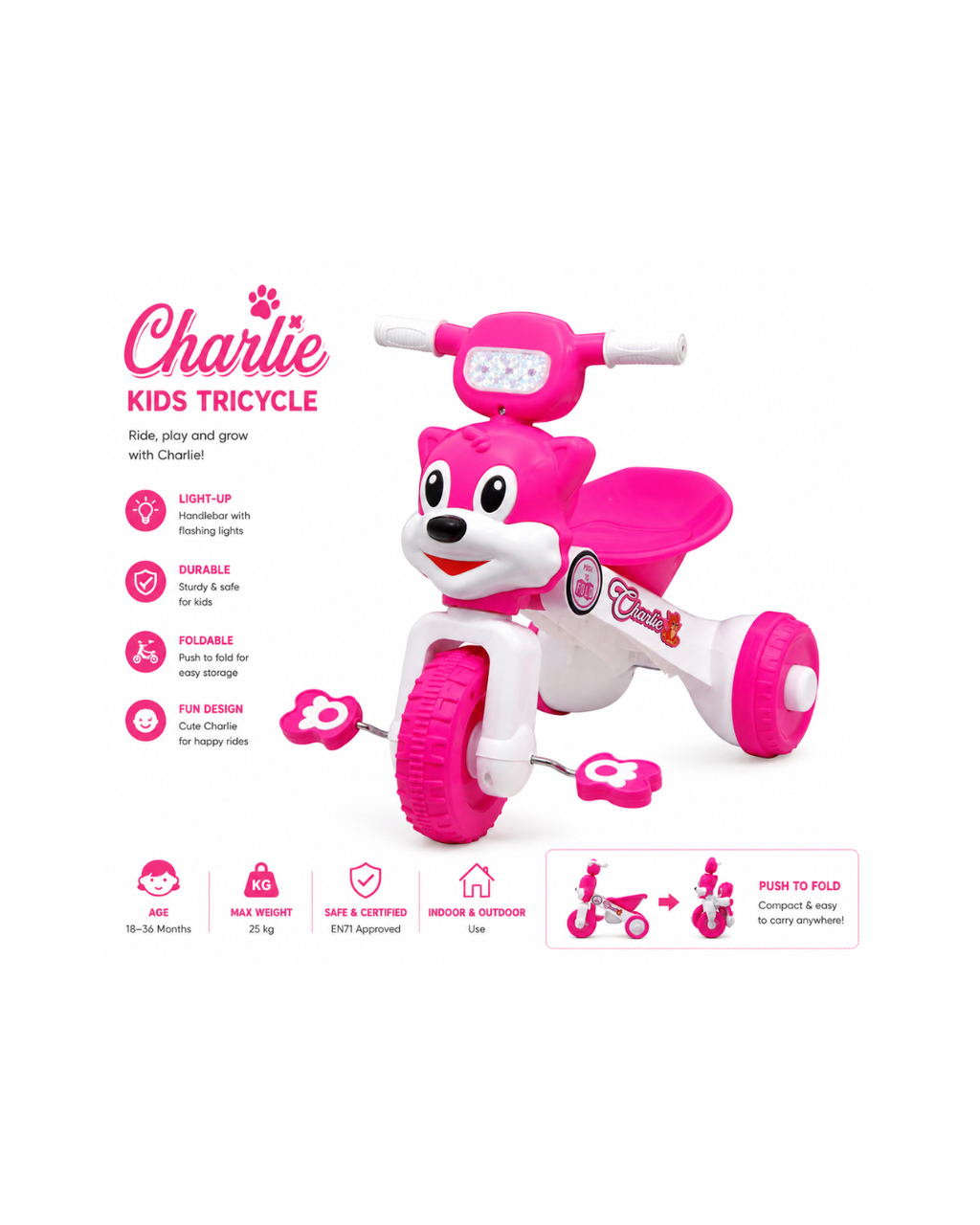 Charlie Kids Foldable Tricycle with Light-Up Handlebar