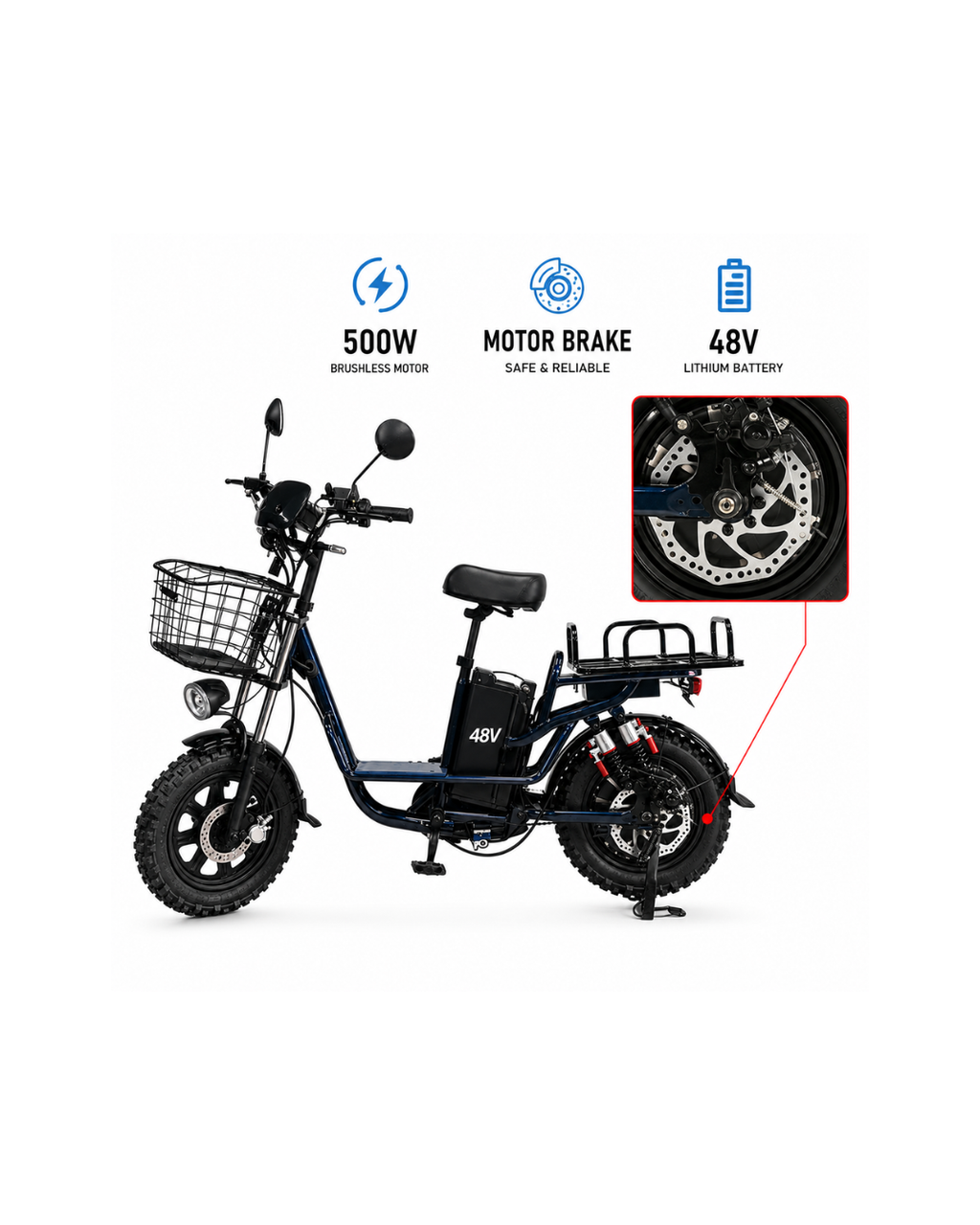 48V 500W Electric Scooter Bike with Disc & Motor Brake System
