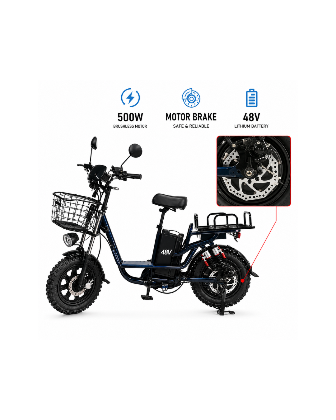 48V 500W Electric Scooter Bike with Disc & Motor Brake System