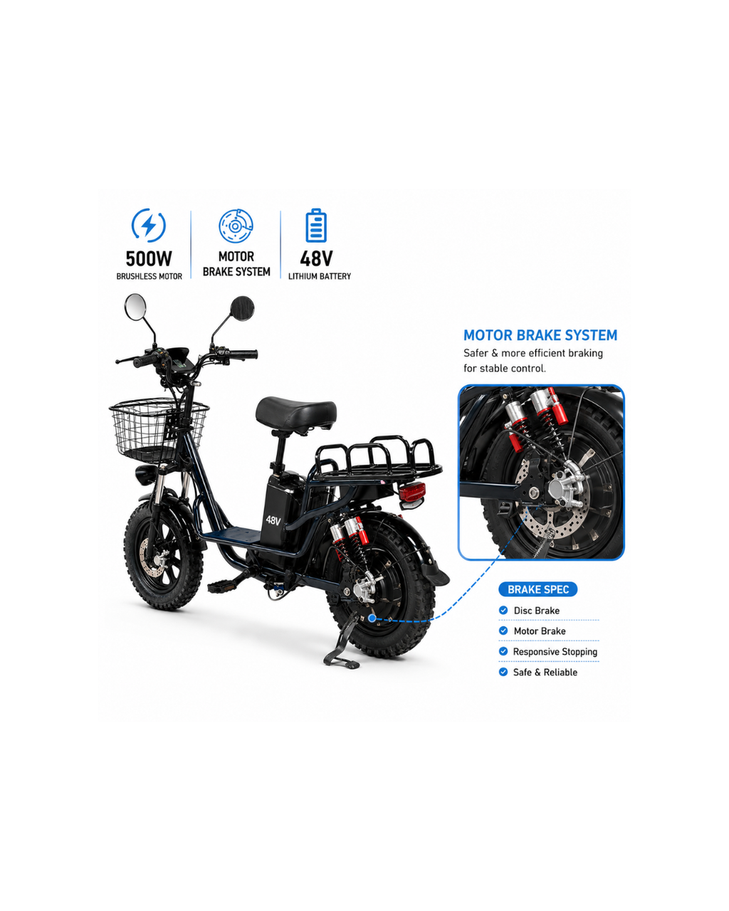 48V 500W Electric Scooter Bike with Disc & Motor Brake System