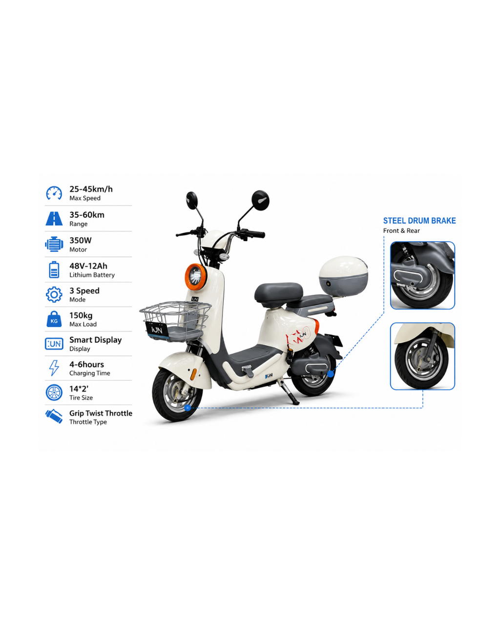 48V 350W Electric Scooter Bike with Smart Display & Basket