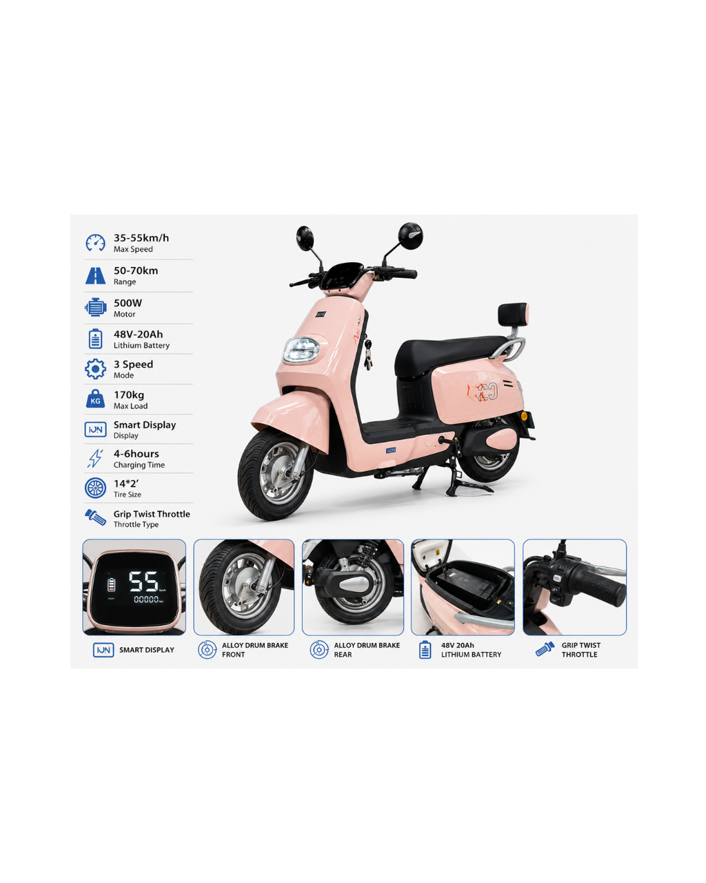 48V 500W Electric Scooter with Smart Display & 20Ah Lithium Battery
