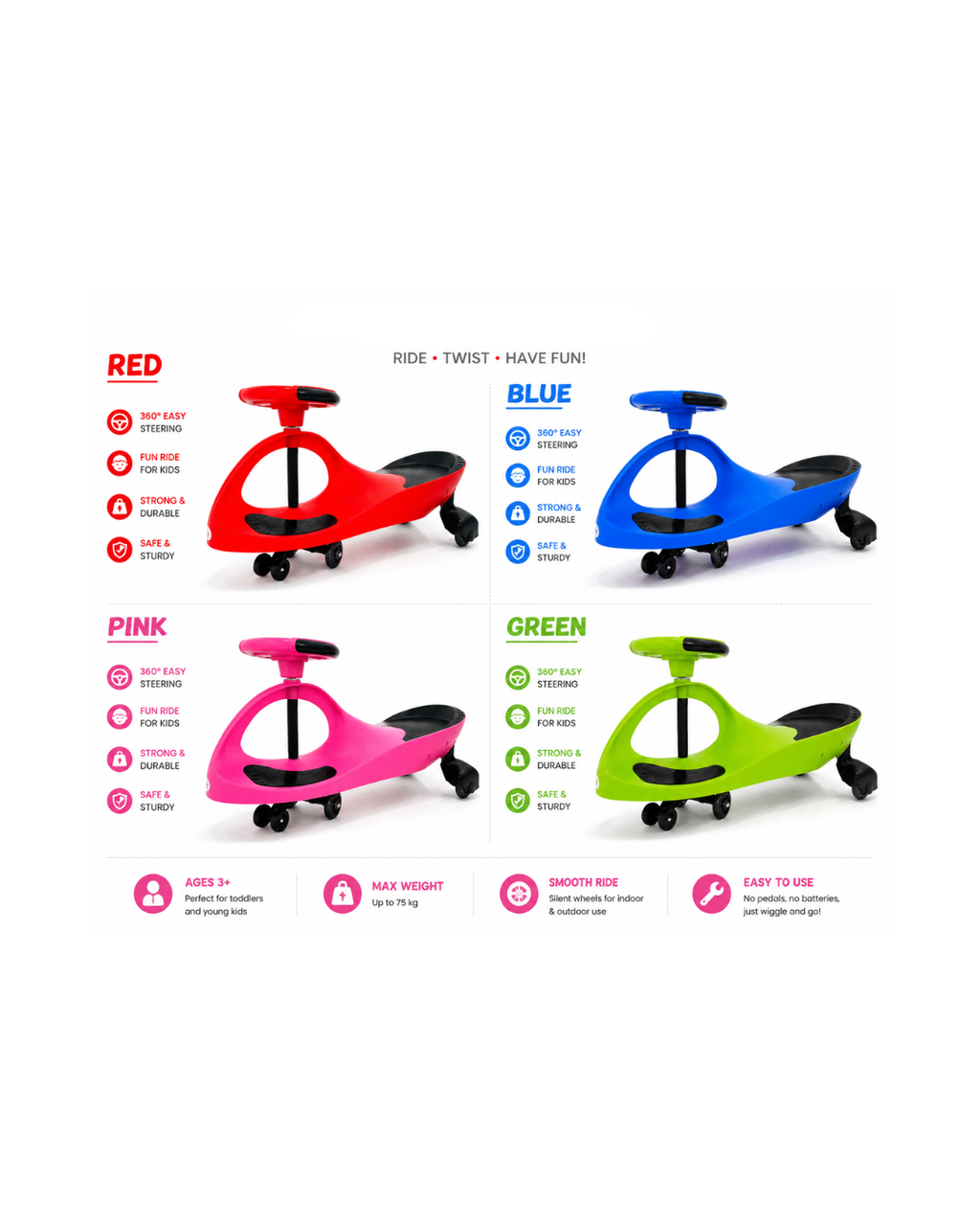 Kids Wiggle Car Ride-On Swing Car – 360° Steering