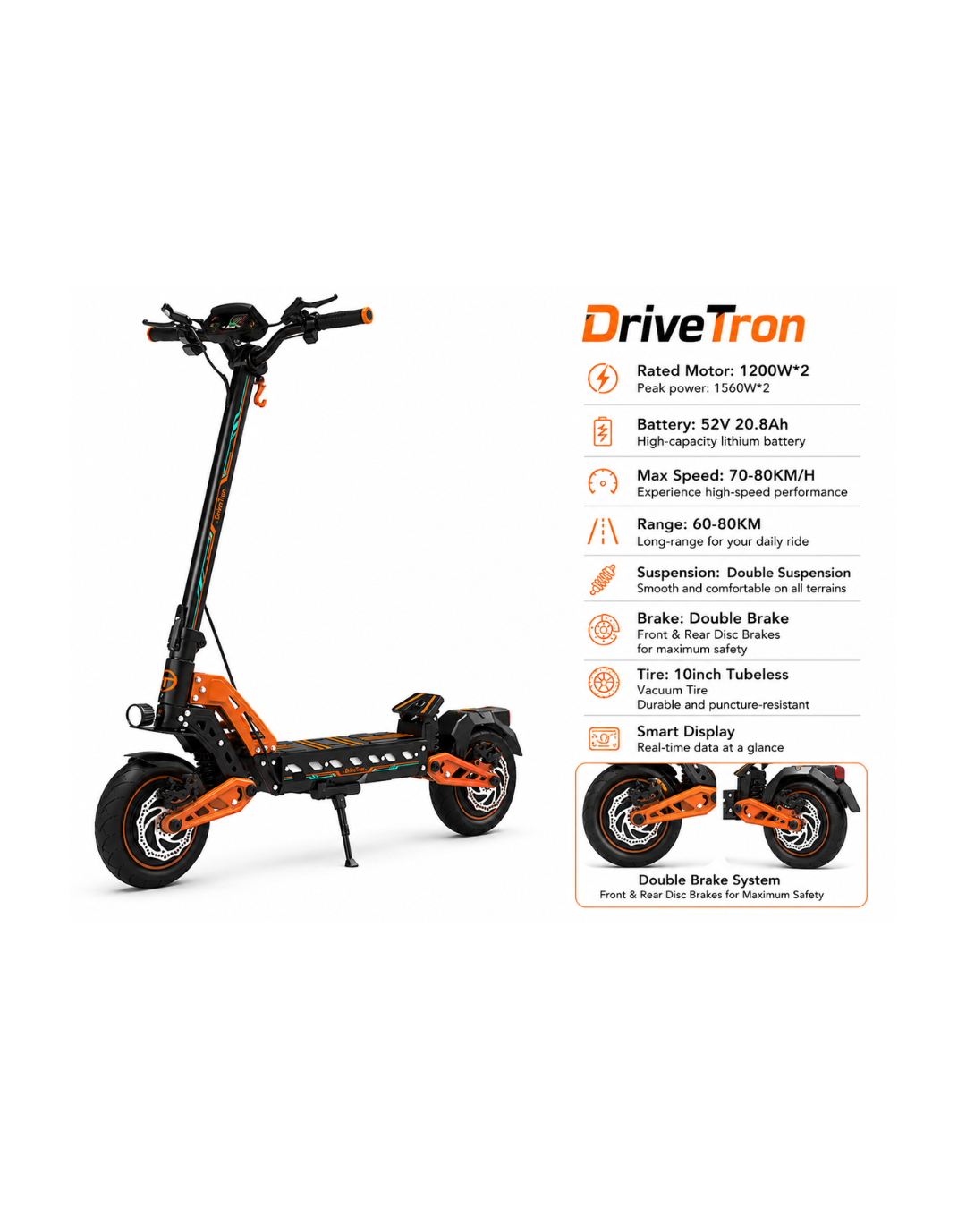 DriveTron Dual Motor Electric Scooter 52V 20.8Ah