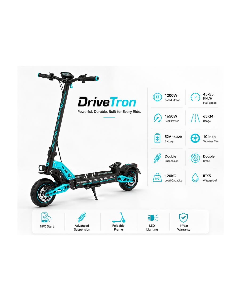DriveTron 1200W Electric Scooter with NFC Start