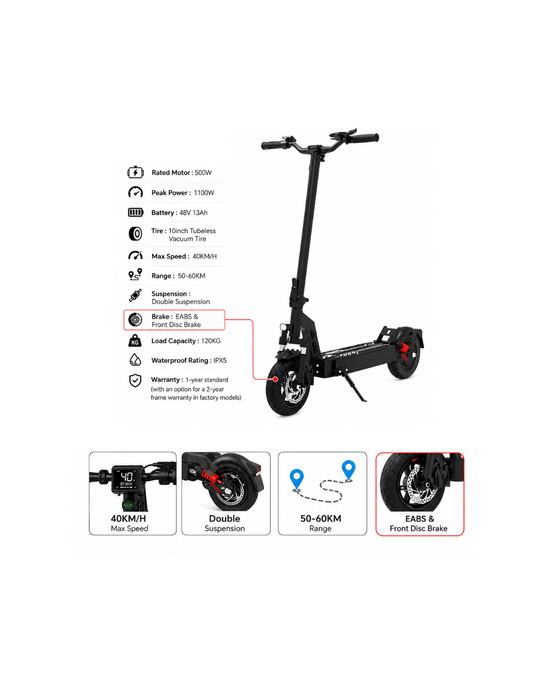 500W Foldable Electric Scooter 48V 13Ah