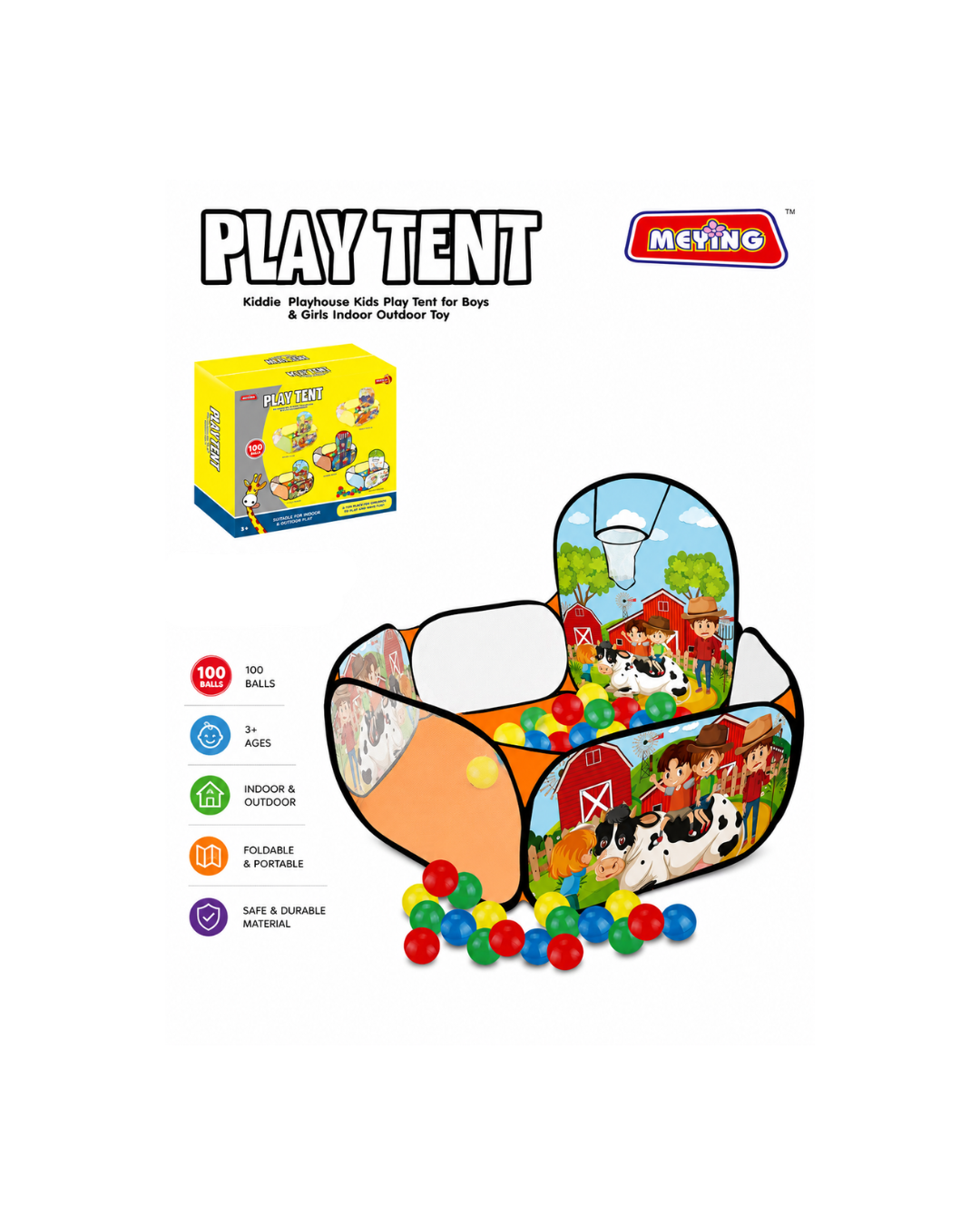 Kids Farm Theme Play Tent with 100 Balls