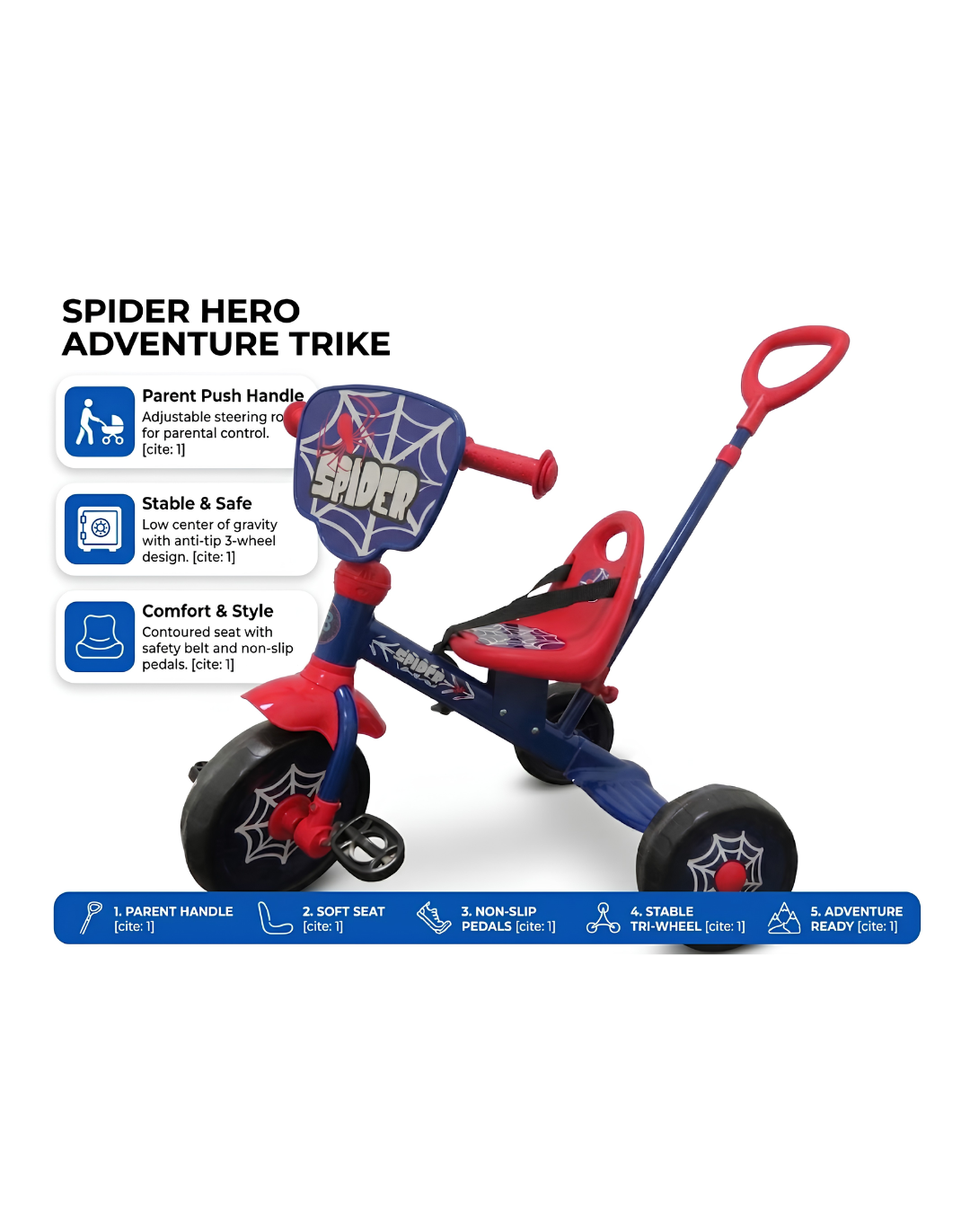 Spider-Man Inspired Kids' Tricycle with Parent Push Handle