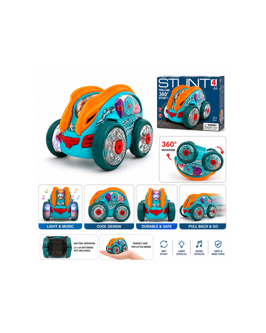 360° Stunt Flip Car Toy with Light-Up Wheels