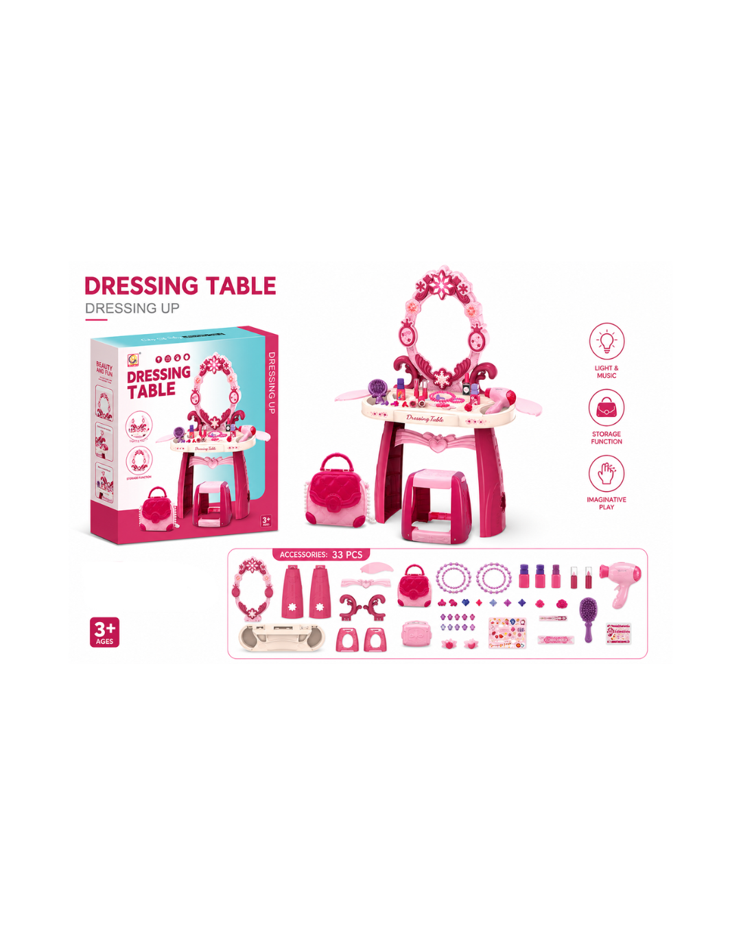 Kids Princess Dressing Table Set with Light & Music – 33PCS Makeup Play Set