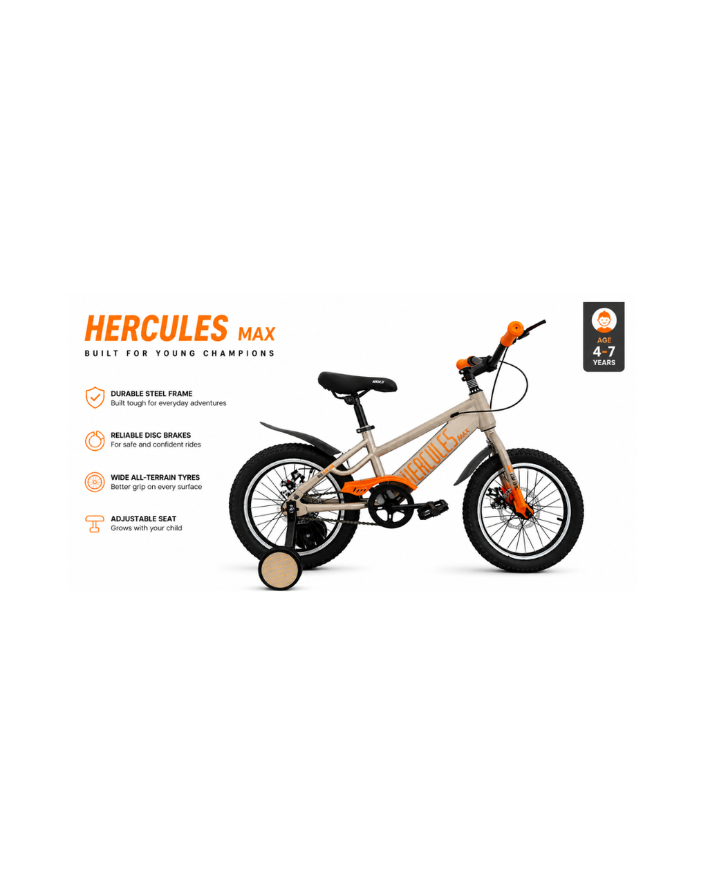 Hercules Max 16” Kids Bicycle with Training Wheels & Disc Brakes