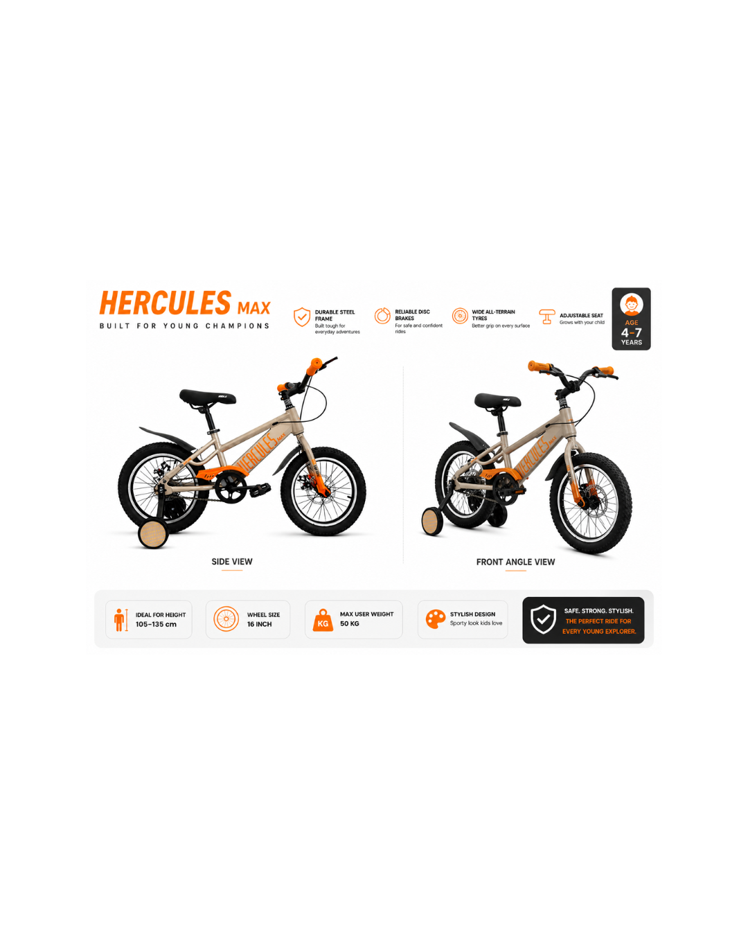 Hercules Max 16” Kids Bicycle with Training Wheels & Disc Brakes