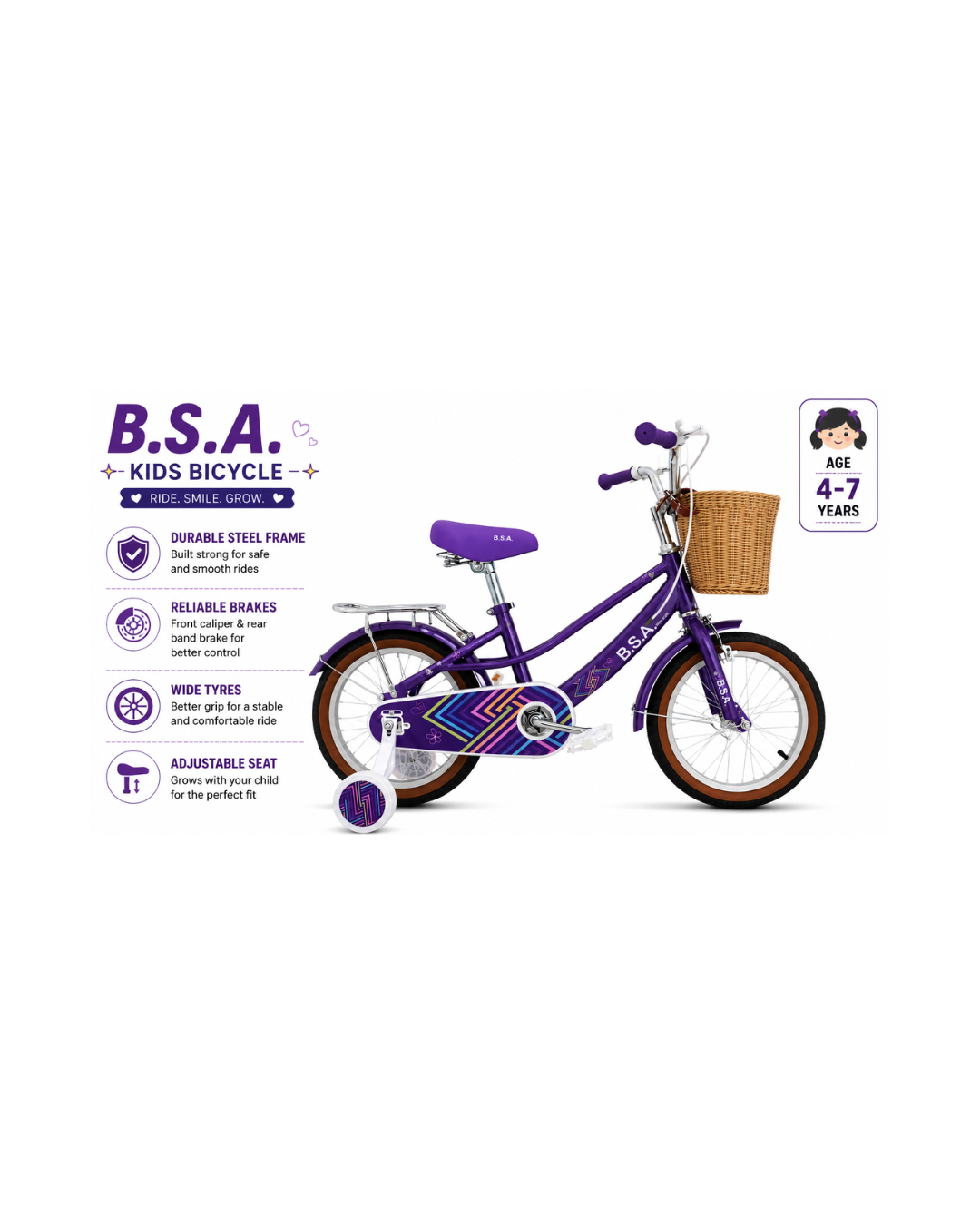 B.S.A. 16” Kids Bicycle with Basket & Training Wheels