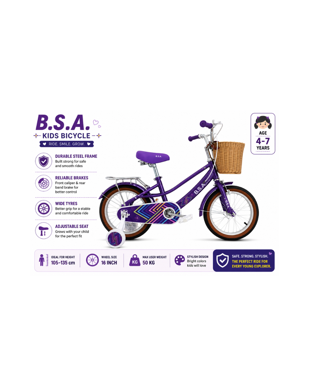 B.S.A. 16” Kids Bicycle with Basket & Training Wheels
