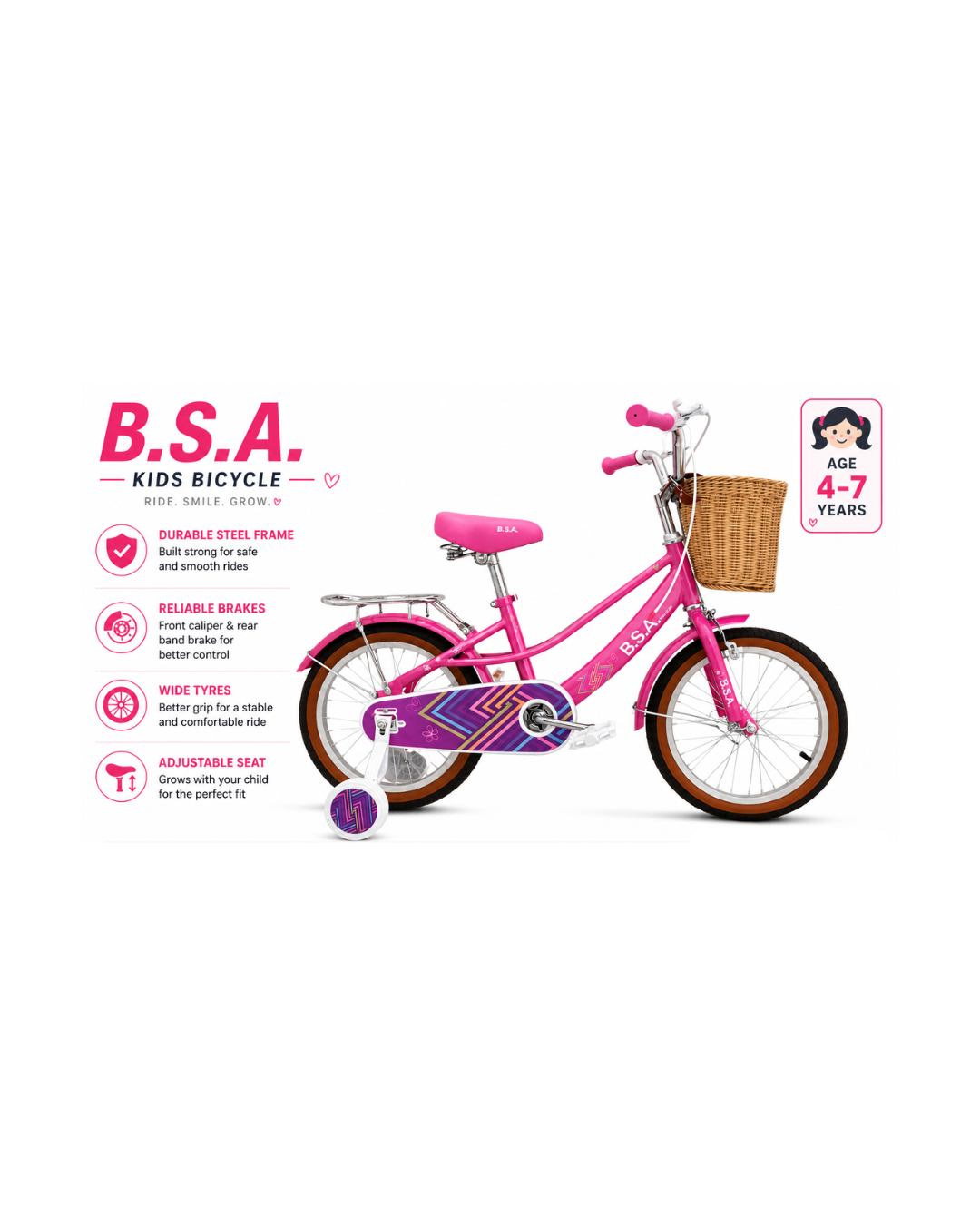B.S.A. 20” Kids Bicycle with Basket & Training Wheels