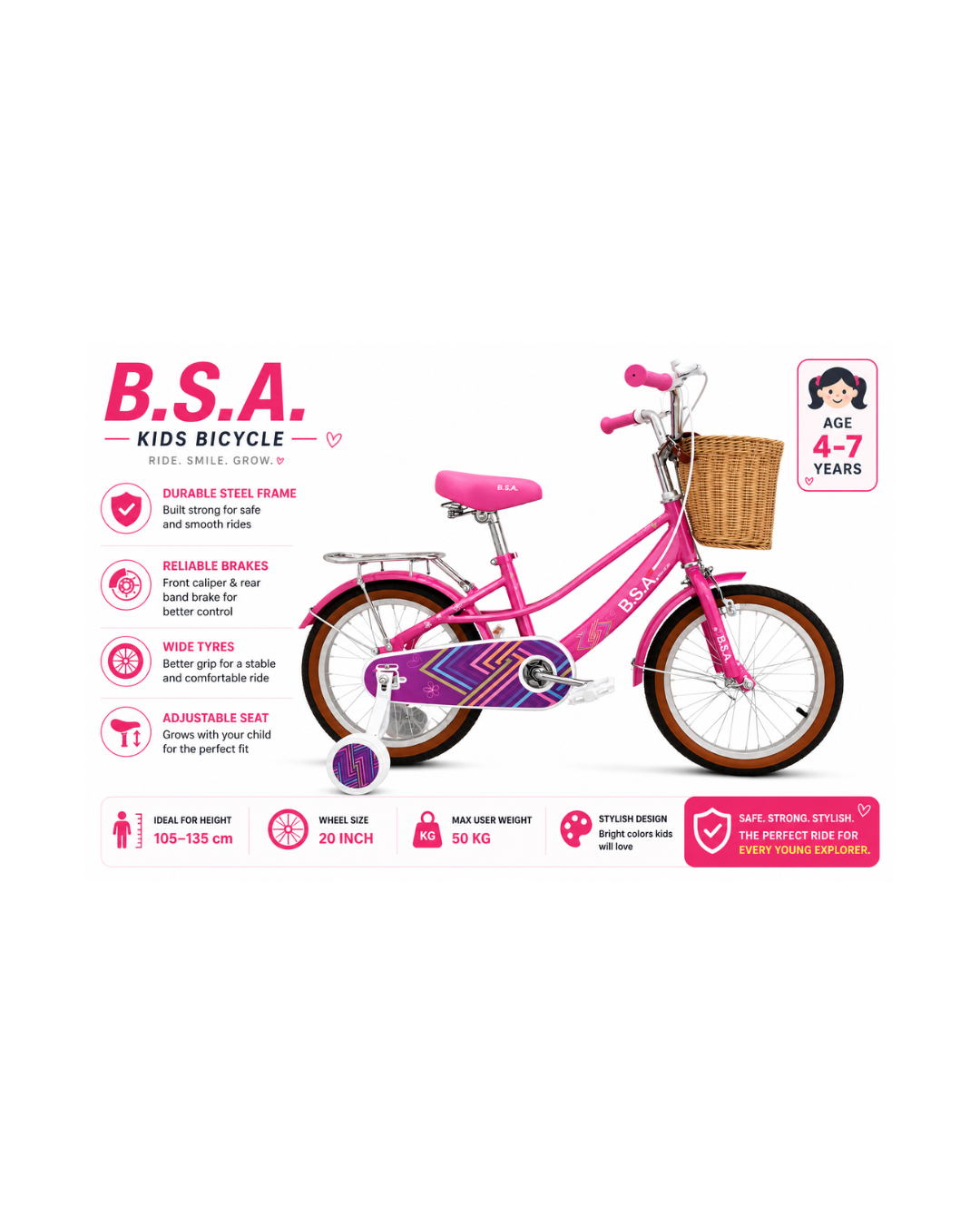 B.S.A. 20” Kids Bicycle with Basket & Training Wheels