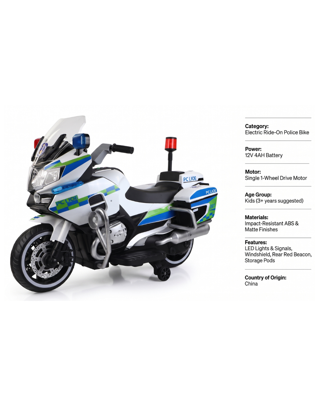 Kids Electric Ride-On Police Motorcycle – 12V Battery Powered Toy Bike with Training Wheels & LED Lights